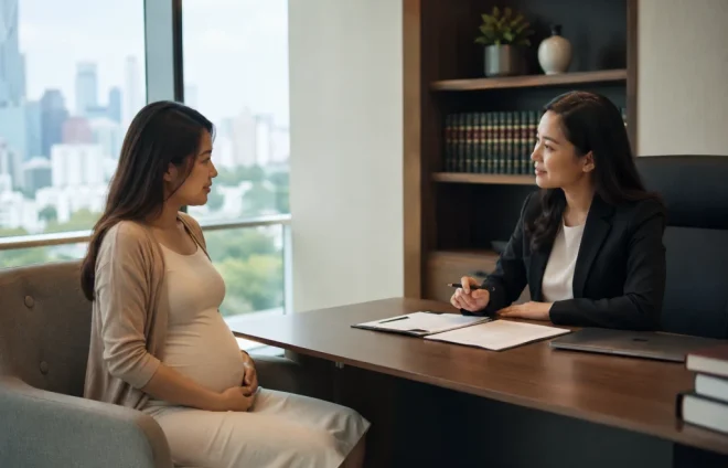 A pregnant woman speaks with a divorce lawyer in a modern office about legal and parenting concerns during pregnancy