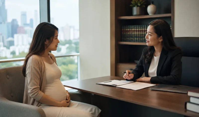 A pregnant woman speaks with a divorce lawyer in a modern office about legal and parenting concerns during pregnancy