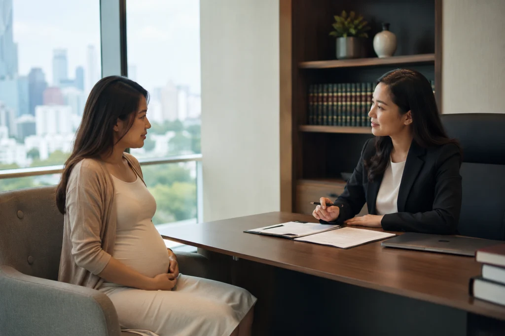 A pregnant woman speaks with a divorce lawyer in a modern office about legal and parenting concerns during pregnancy