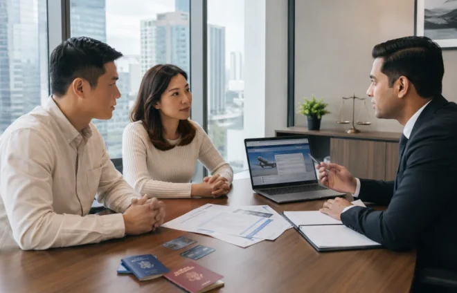 A couple discusses travel documents, credit cards, and frequent flyer miles with a divorce lawyer in a professional office