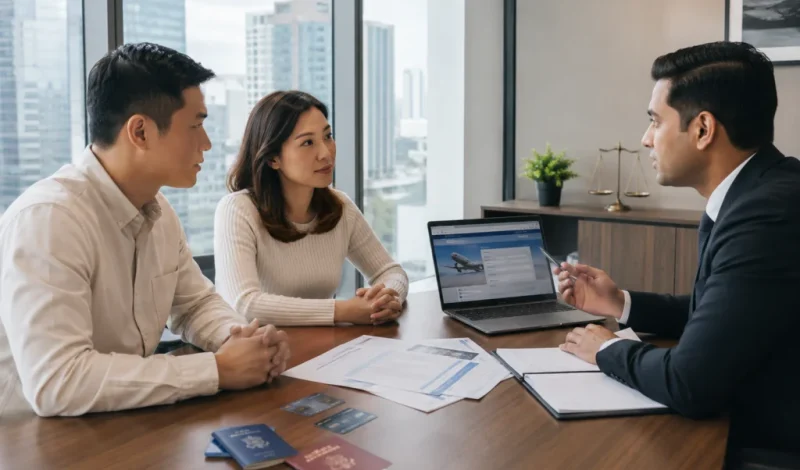 A couple discusses travel documents, credit cards, and frequent flyer miles with a divorce lawyer in a professional office