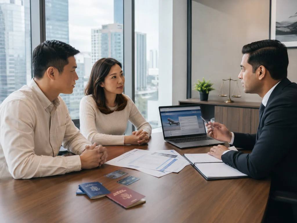 A couple discusses travel documents, credit cards, and frequent flyer miles with a divorce lawyer in a professional office