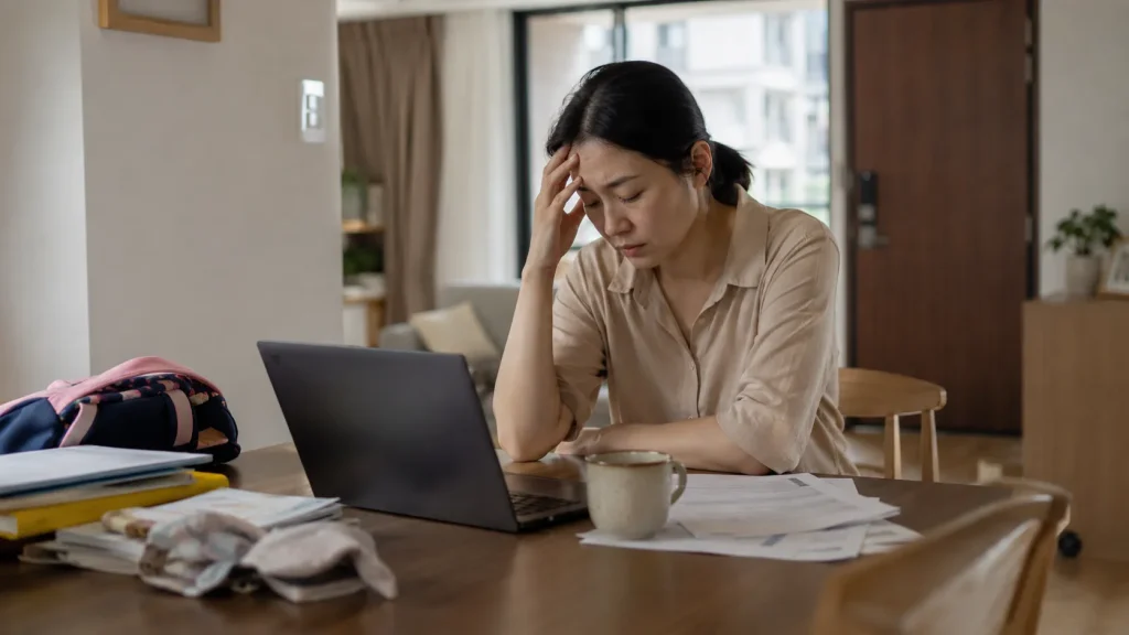 A tired professional sits at a dining table with a laptop, documents, coffee, and family items, showing how workplace stress may lead someone to seek advice from a divorce lawyer