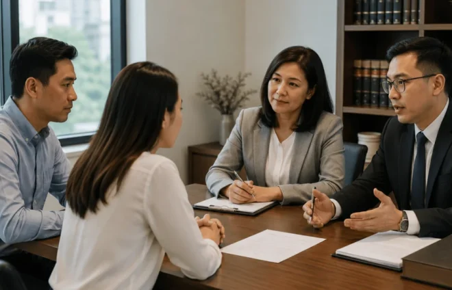 Family Law Meeting Two family lawyers discuss legal documents with a couple during an office consultation