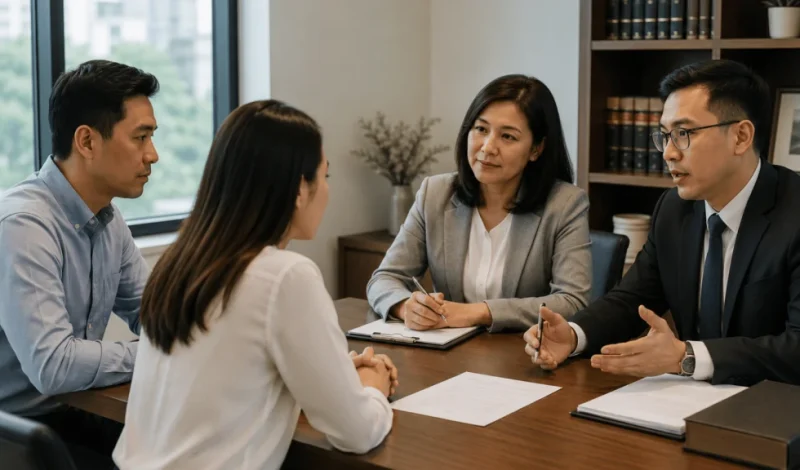 Two family lawyers discuss legal documents with a couple during an office consultation