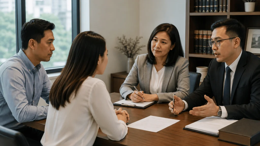Two family lawyers discuss legal documents with a couple during an office consultation