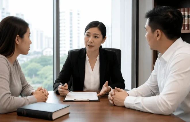 Legal Advice Discussion A female lawyer explains legal matters to a couple seated across from her at an office table
