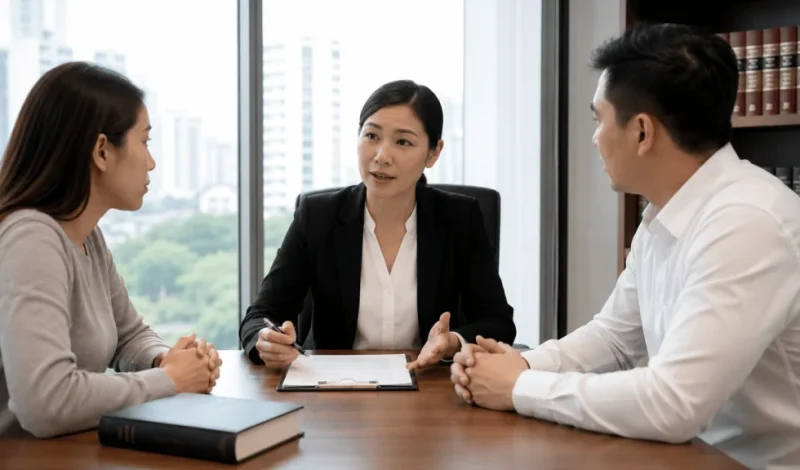 A female lawyer explains legal matters to a couple seated across from her at an office table