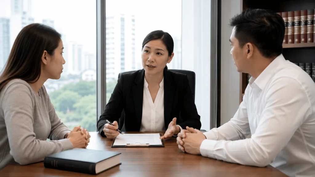 A female lawyer explains legal matters to a couple seated across from her at an office table