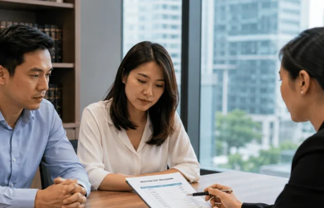 Mediation Cost Review A couple reviews a mediation cost breakdown presented by their lawyer during a consultation