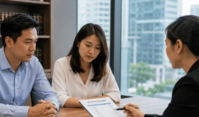 A couple reviews a mediation cost breakdown presented by their lawyer during a consultation