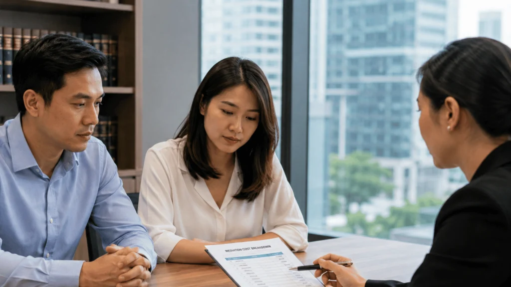 A couple reviews a mediation cost breakdown presented by their lawyer during a consultation