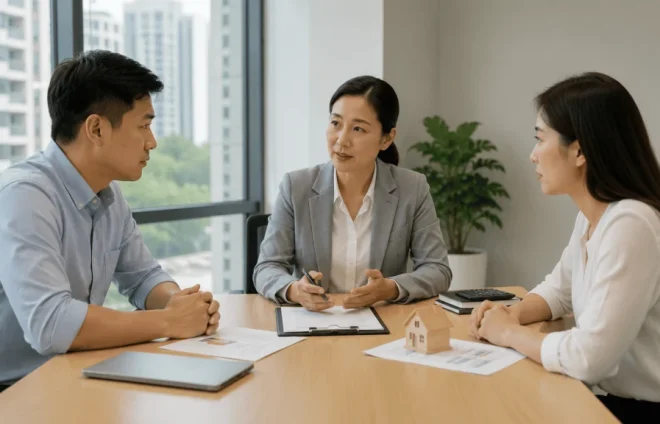 Property Settlement Discussion A divorce lawyer discusses property settlement matters with a couple using documents and a model house