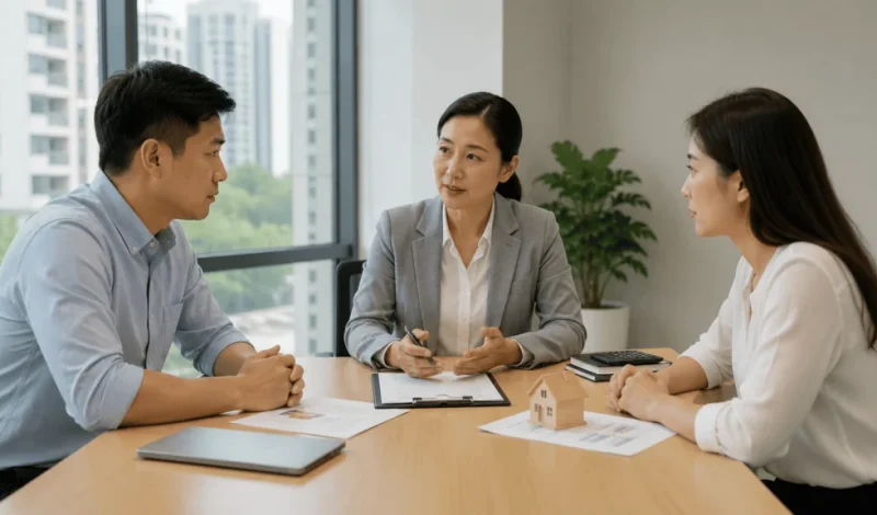 A divorce lawyer discusses property settlement matters with a couple using documents and a model house