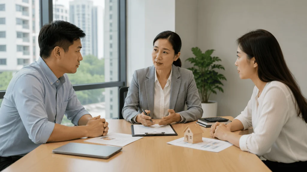A divorce lawyer discusses property settlement matters with a couple using documents and a model house