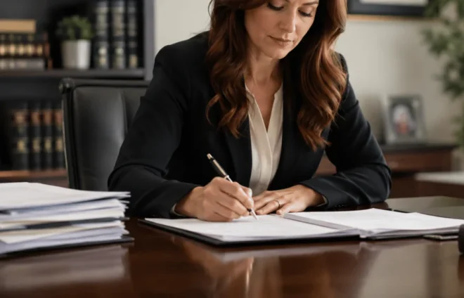 Signing Legal Documents A divorce lawyer writes and signs legal documents at her desk in a professional law office