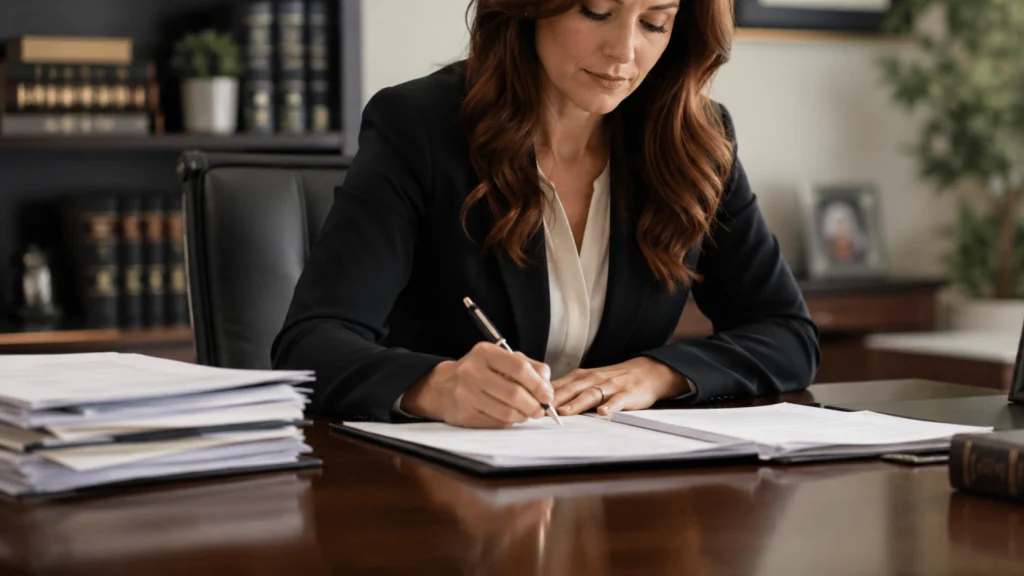 A divorce lawyer writes and signs legal documents at her desk in a professional law office