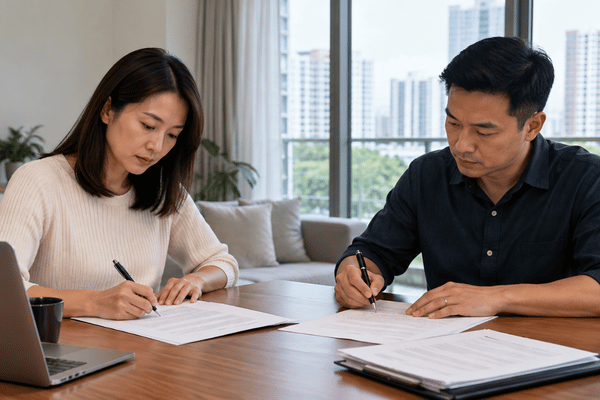 An Asian couple sits across from each other at a wooden table, individually signing legal documents as part of their divorce proceedings in Singapore
