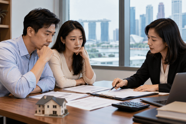 An Asian couple meets with a female legal professional in a Singapore office to review financial documents, property assets, and legal paperwork related to their divorce