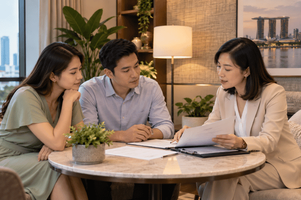 An Asian couple consults with a female legal professional who explains divorce-related paperwork and discusses legal arrangements during a meeting in Singapore